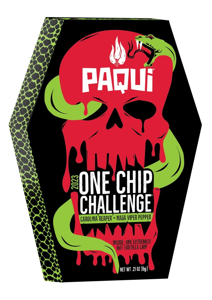 Paqui brand tortilla chip One Chip Challenge package with a red skull and green snake. 