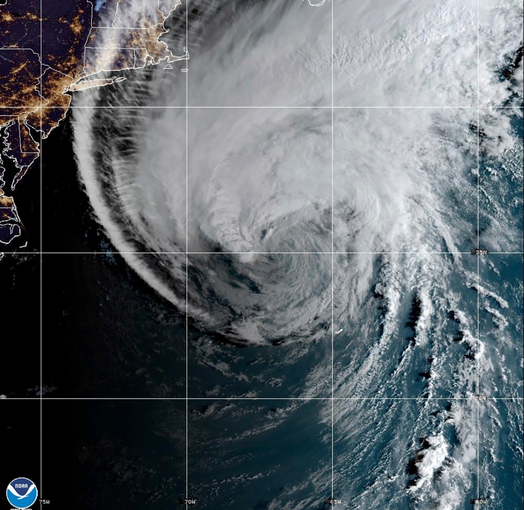 A satellite image from the National Oceanic and Atmospheric Administration shows Hurricane Lee in the Atlantic Ocean.
