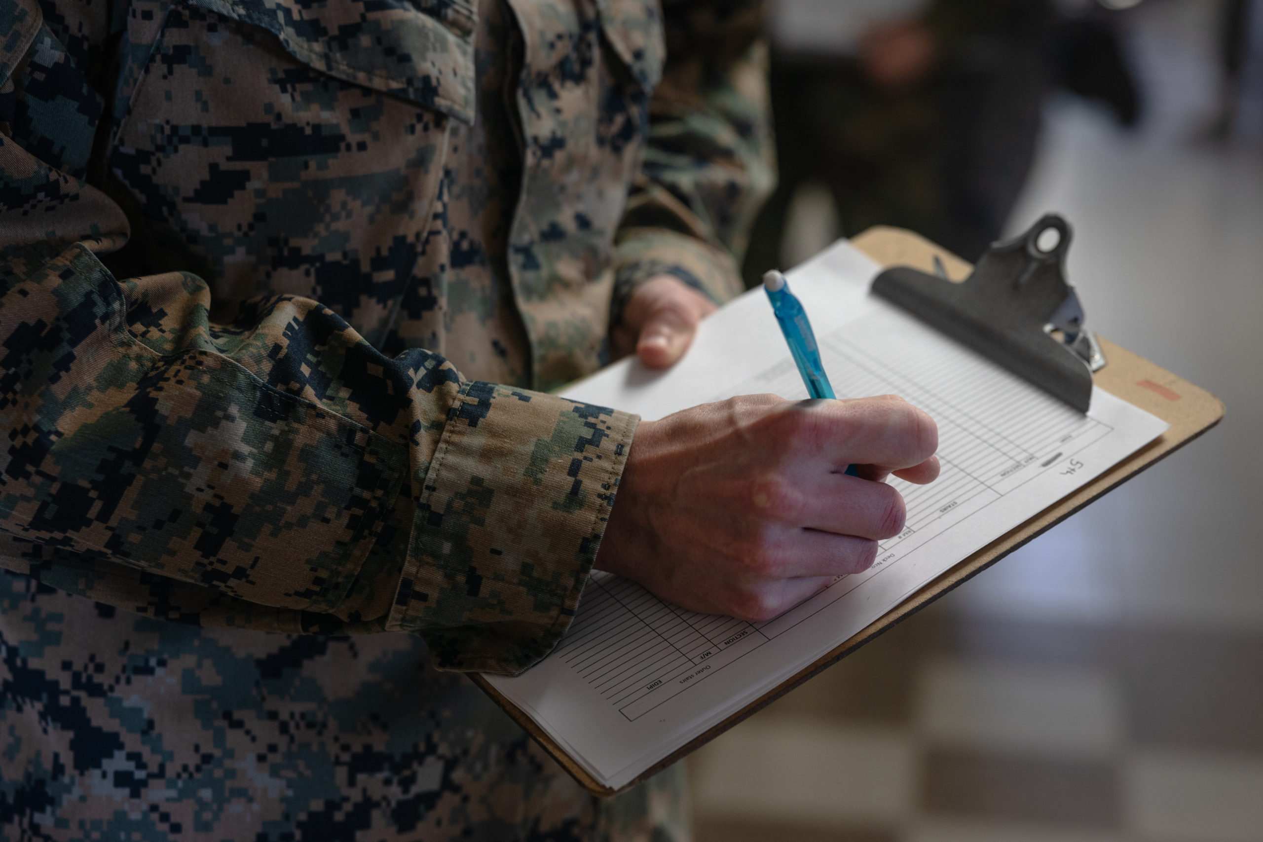 U.S. Marine Corps Sgt. Ian Kovaleski, a barracks manager with II Marine Expeditionary Force Support Battalion, II MEF, takes notes during a service-wide environmental, health and safety inspection on Marine Corps Base Camp Lejeune, North Carolina, Feb. 27, 2024. The service is committed to understanding the condition of all barracks units to best implement Barracks 2030 actions and improve Marines’ quality of life.