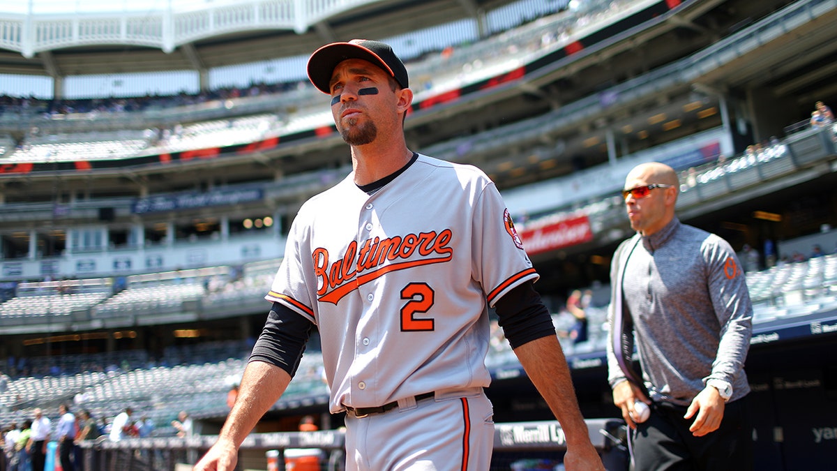 J.J. Hardy walks from the dug out